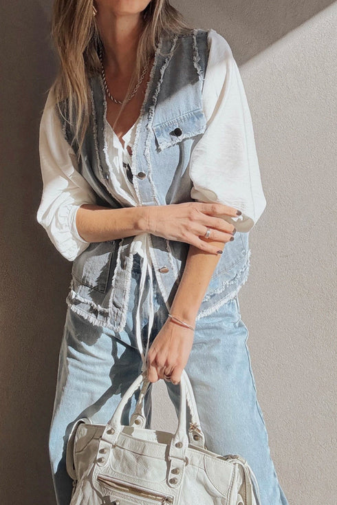 Frayed Edge Snap Front Flap Pocket Denim Vests